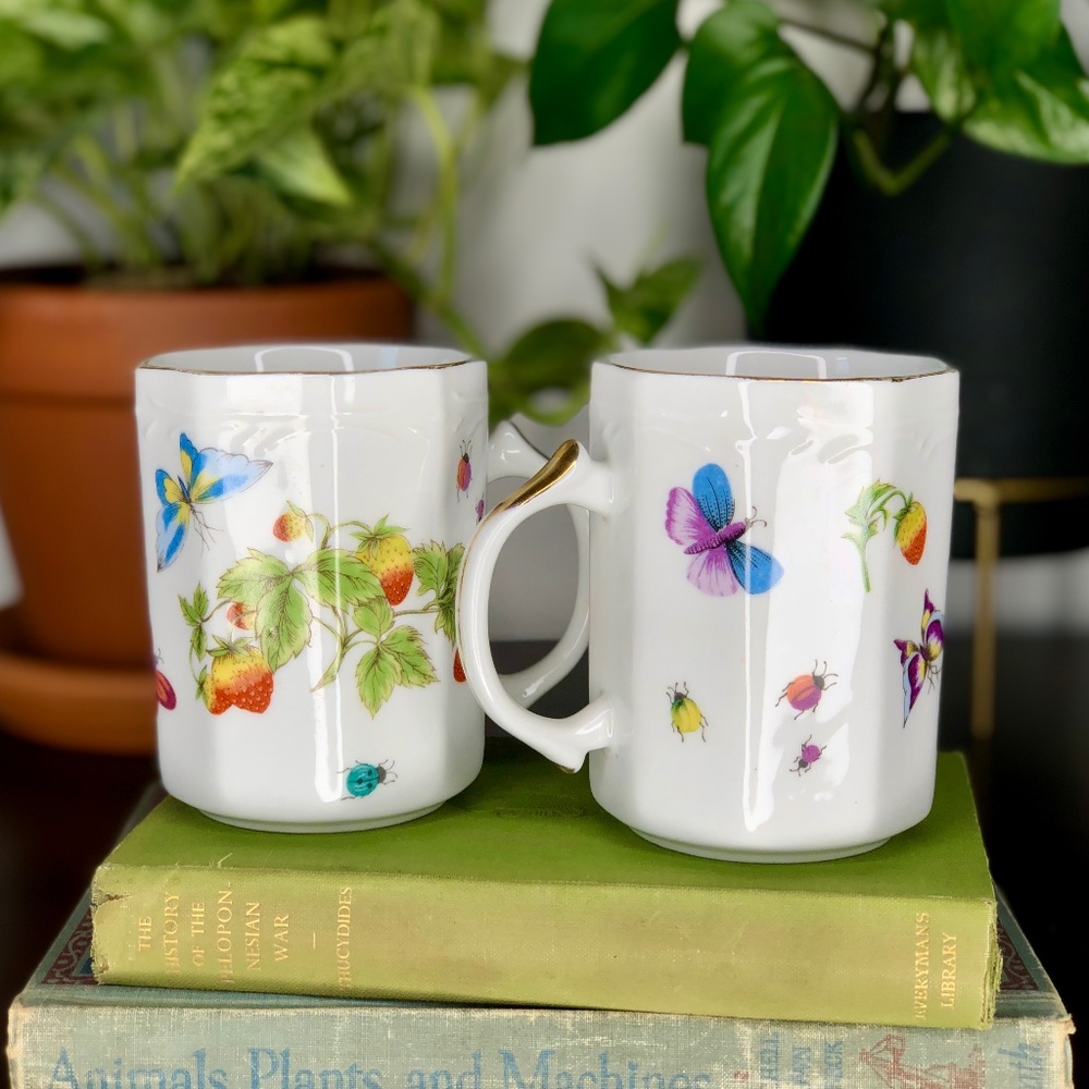 Set of Vintage Gold Enameled Porcelain Mugs with Botanical Design